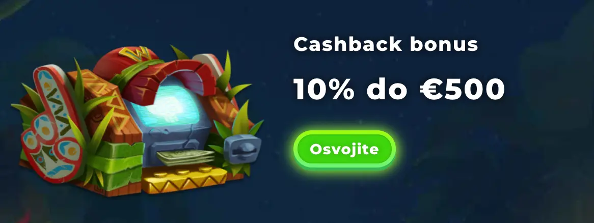 Cashback bonus – 10 % povračila do 500 € z animiranim bankomatom in tropskimi elementi.